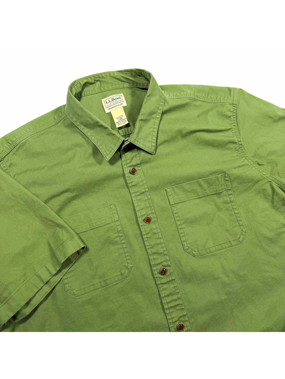 L.L.Bean Traditional Fit Men’s Green Solid Short Sleeve Shirt Pockets Size Large